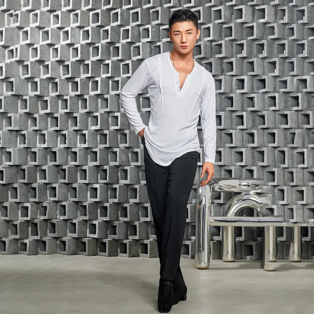 NY682 Men’s Button‑Detail Long‑Sleeve Latin Dance Top